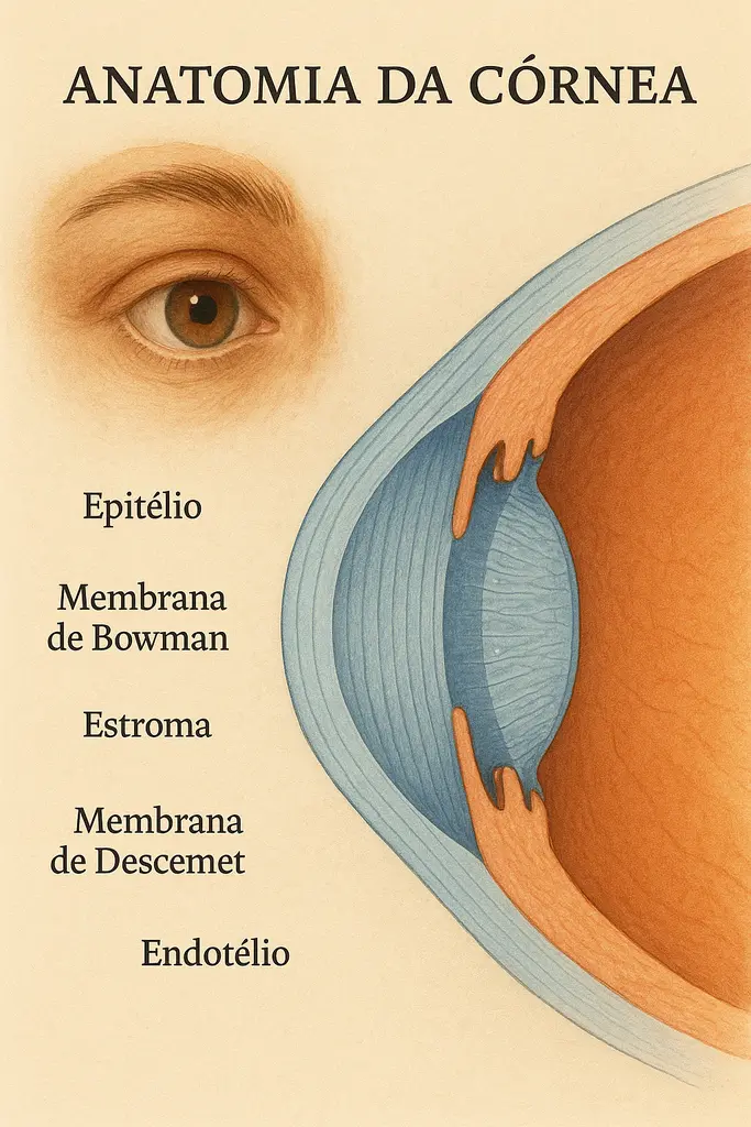 Anatomia da córnea mostrando as cinco camadas