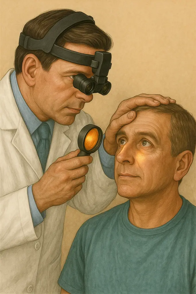 Médico oftalmologista examinando paciente com doença de retina